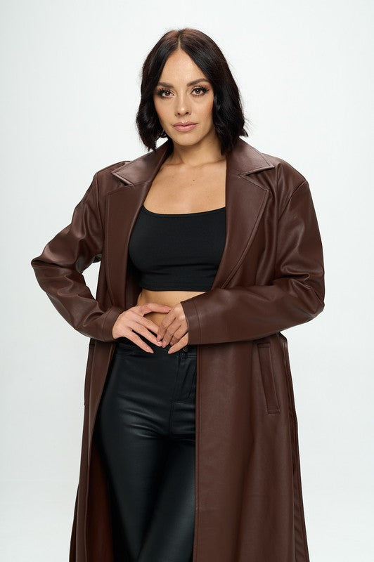 Elisha Faux Leather Trench Coat Xs / Brown