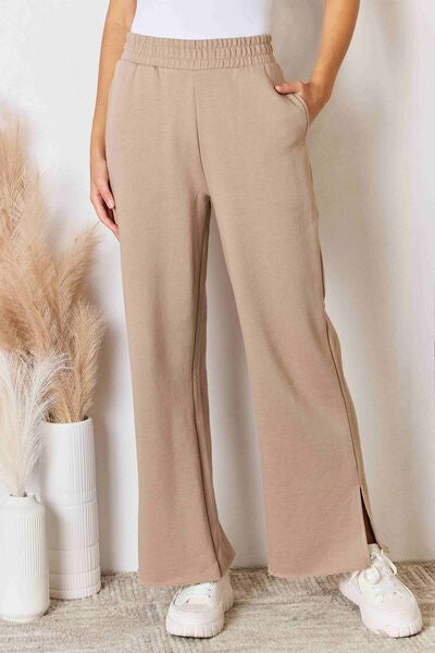 Sand Set Wide Waistband Slit Wide Leg Pants (Online Only Sand Set Wide Waistband Slit Wide Leg Pants (Online Only