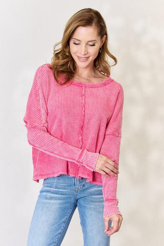 Washed Waffle-Knit Long Sleeve Top (Online Only)