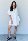 Out Of Time Full Size Ruffle Hem Dress with Drawstring Waistband in White (Online Only)