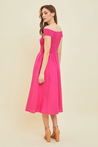 smocked off the shoulder dress Off-Shoulder Smocked Midi Dress (Online Only) – Seven x Seven
