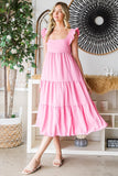 Pink RuffledTiered Midi Dress (Online Only)